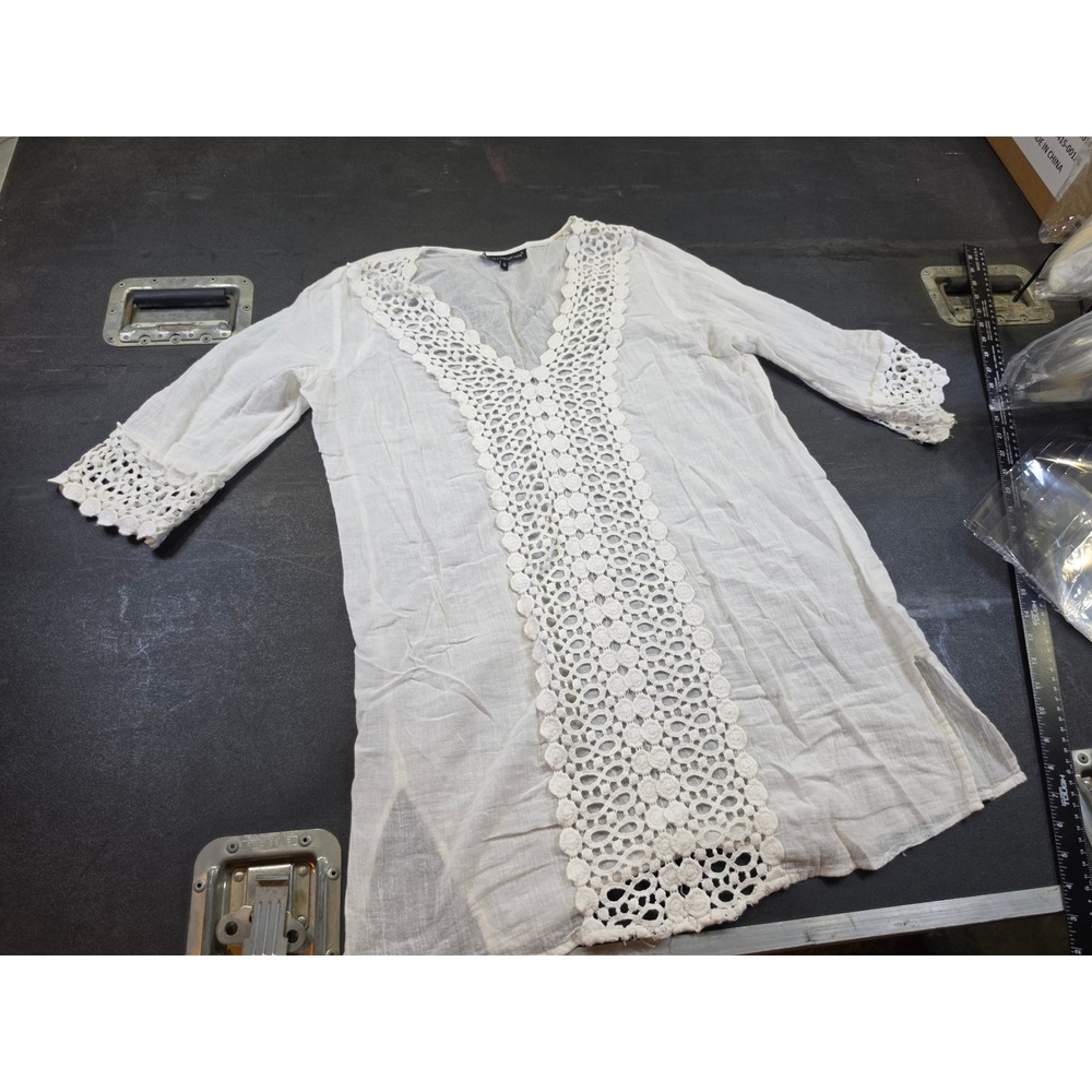 Club Z Collection White Cotton Crochet Lace V-Neck Tunic Top 3962 Small
